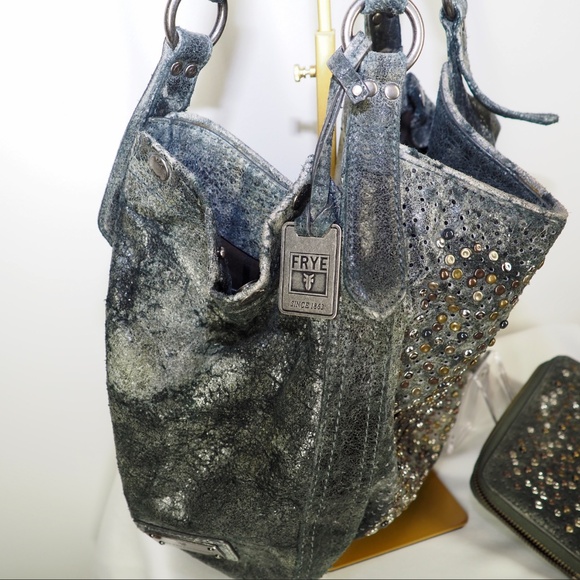 RARE Frye Deborah Studded Slate Gray Leather Bag + Matching Zip Wallet - Picture 2 of 15
